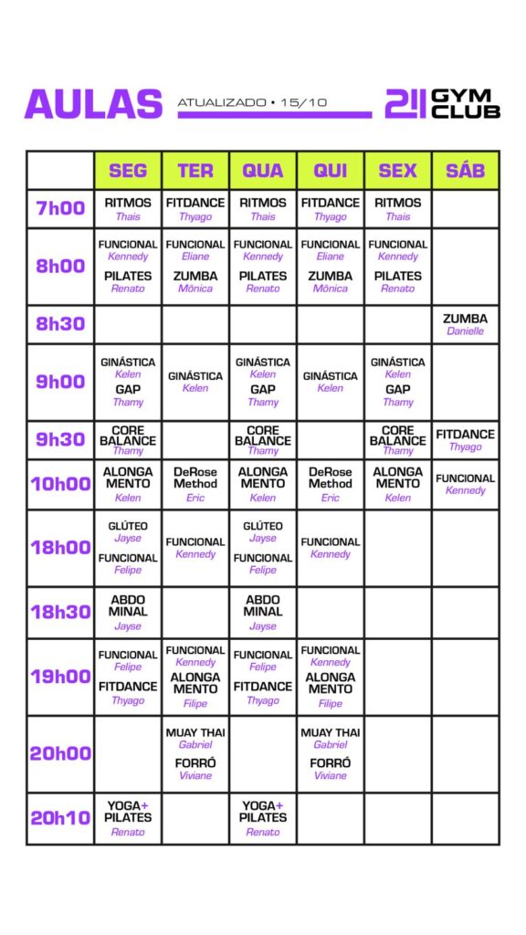 Quadro de aulas atualizado em 15/10/2025