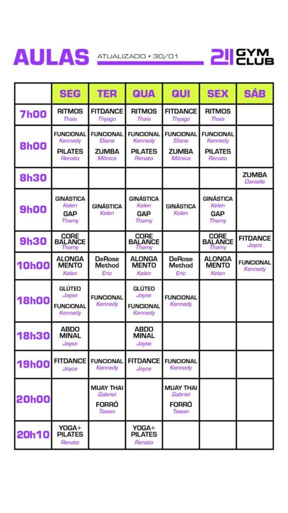 Quadro de aulas atualizado em 30/01/2025